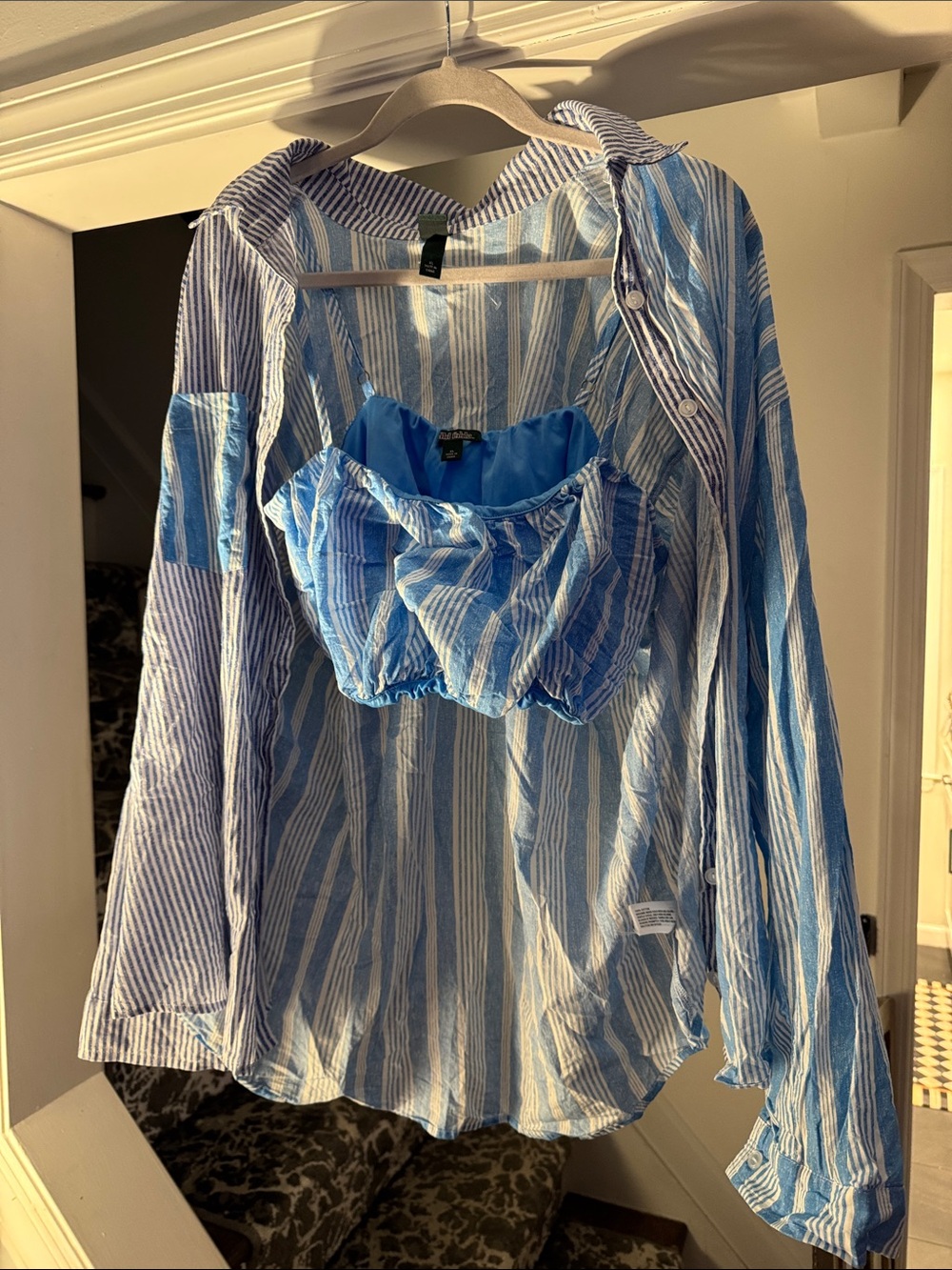 wild fable Blue and White Striped Button-Down Shirt with Matching Crop Top